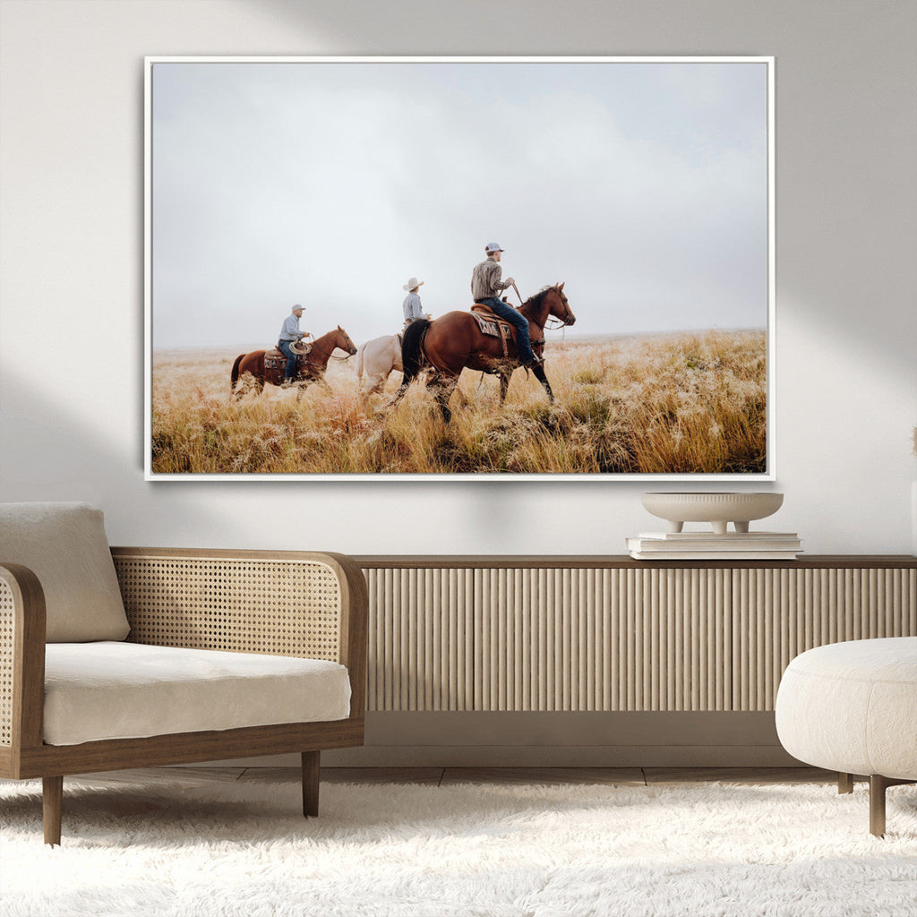 Western Cowboys Wall Art Canvas Print, Framed Horseback Riders on a Rustic Prairie