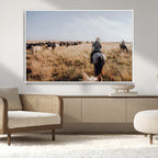 Western Wall Art Canvas Print, Framed Cowboy Cattle Drive Scene