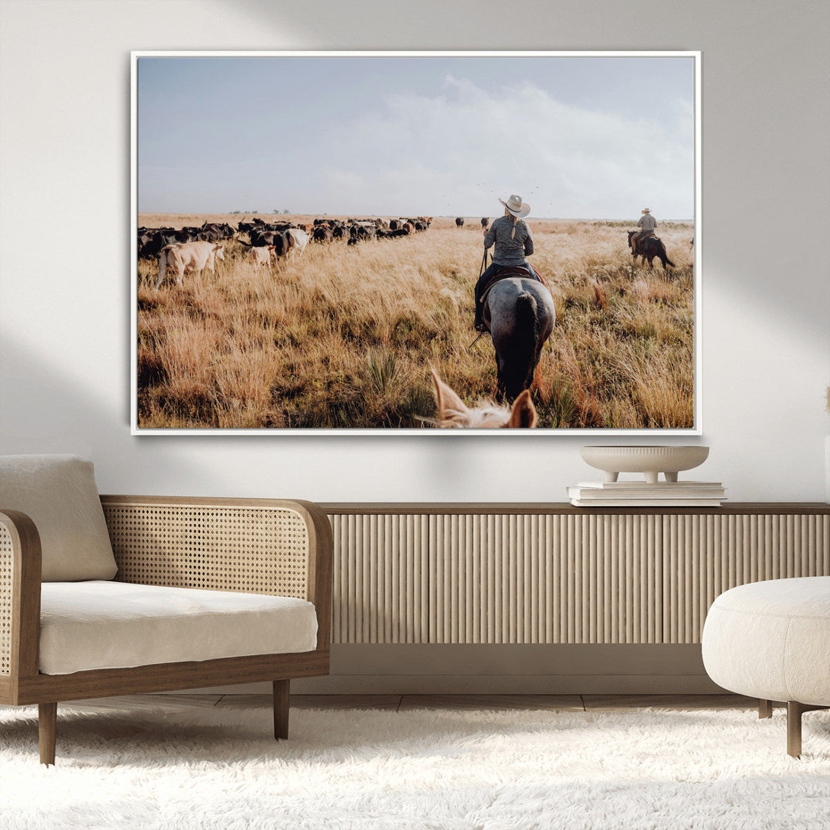 Western Wall Art Canvas Print, Framed Cowboy Cattle Drive Scene