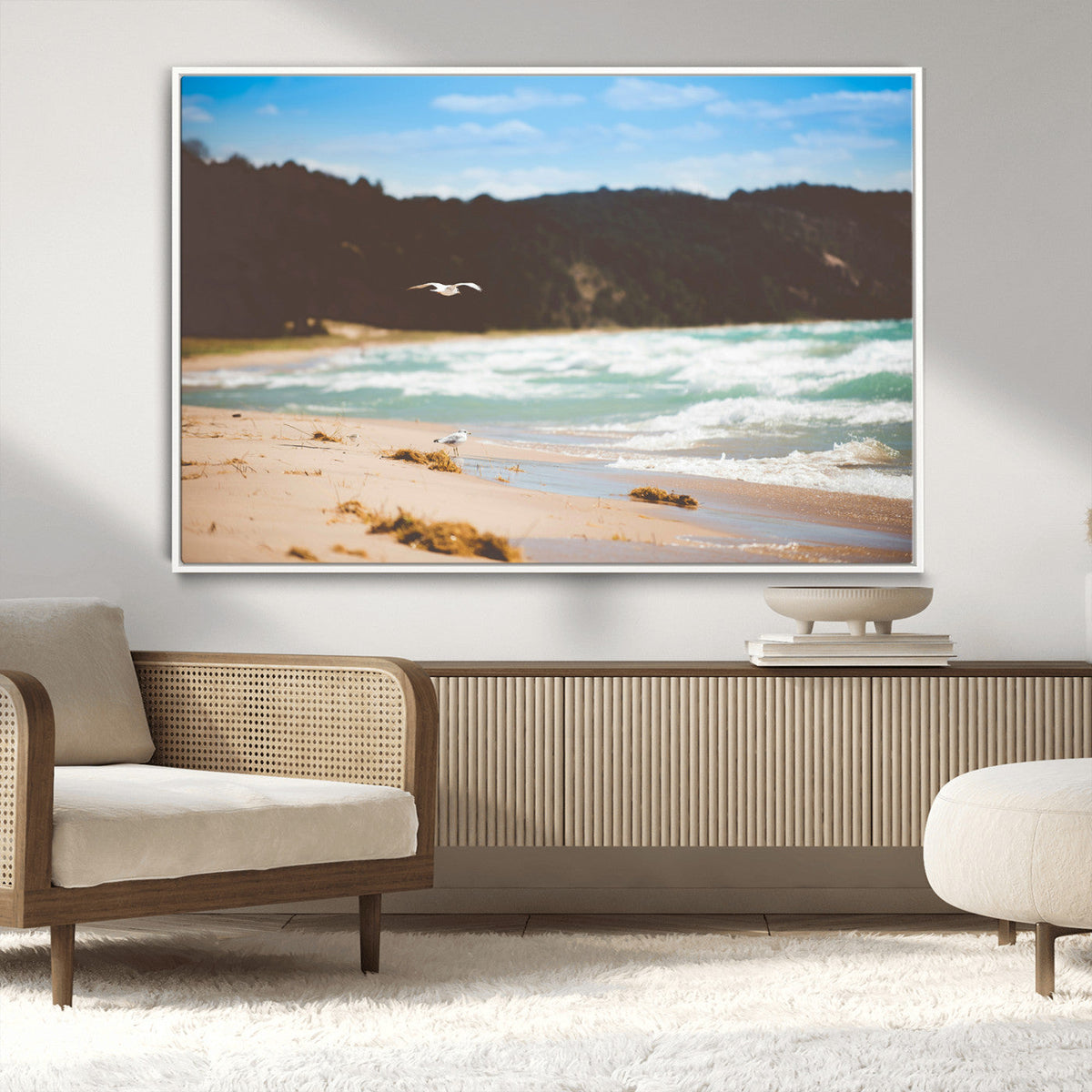 Tranquil Beach Wall Art Canvas Print, Framed Blue Ocean Waves on a Sandy Shore