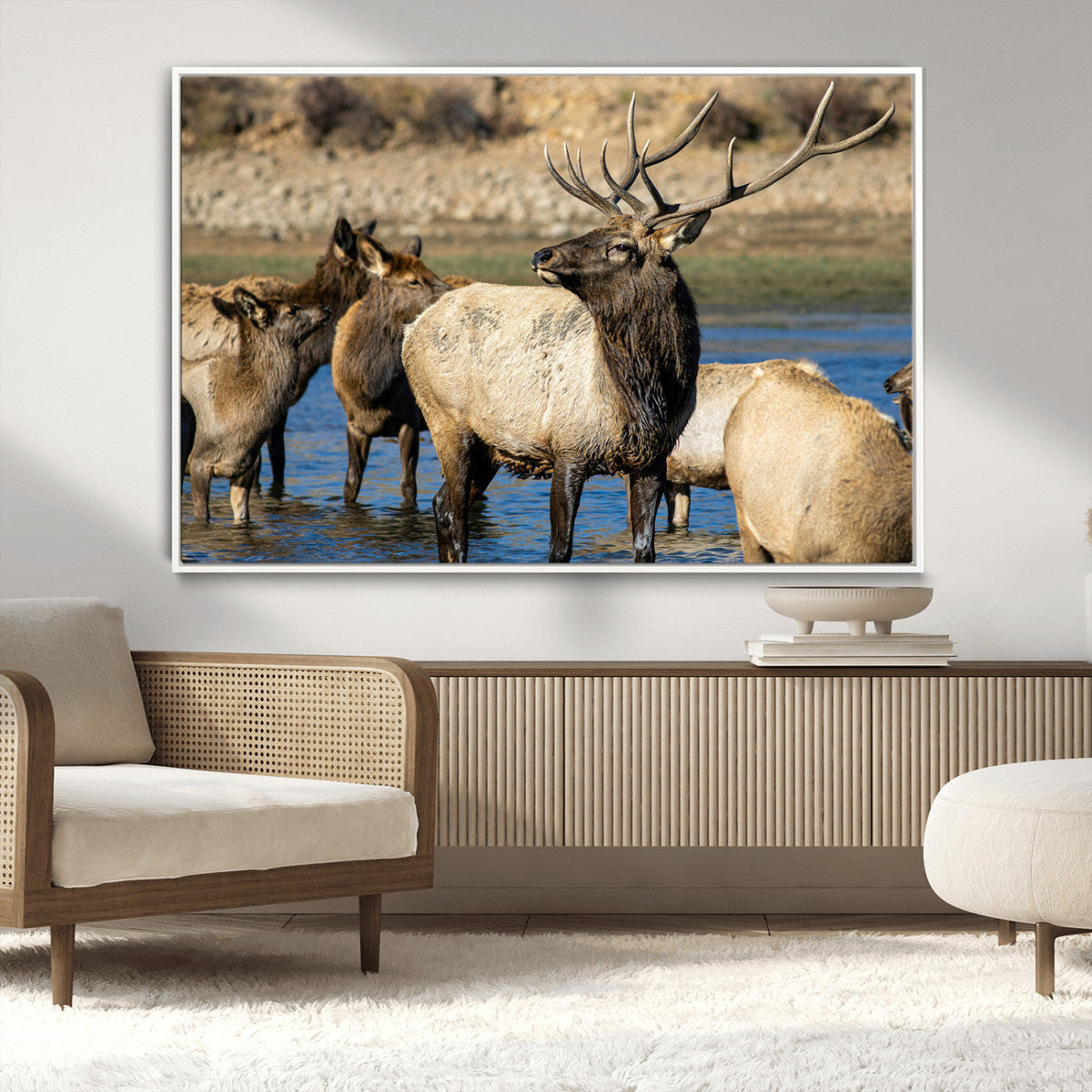 Wild Elk Wall Art Canvas Print, Framed Neutral Wildlife Scene