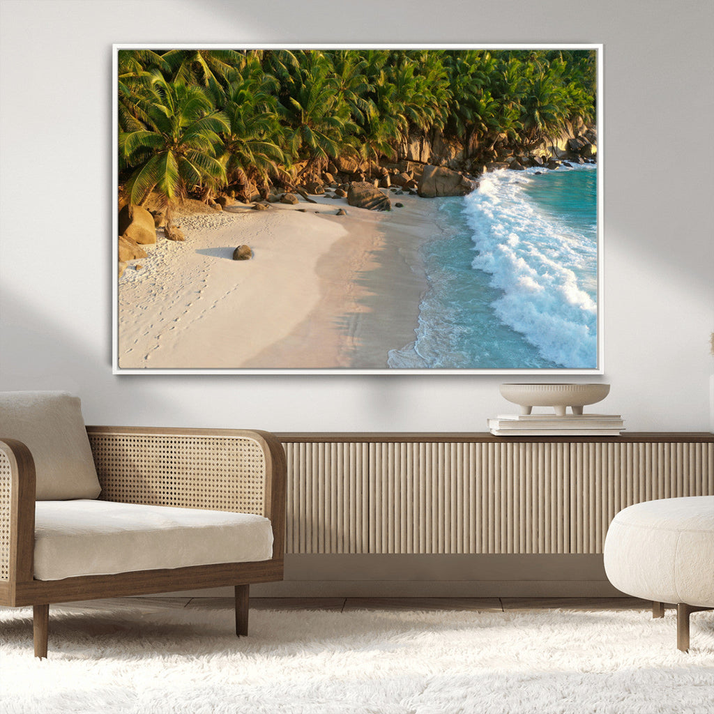 Tropical Beach Wall Art Canvas Print, Framed Ocean Waves and Palm Trees at Golden Sunset