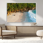 Tropical Beach Wall Art Canvas Print, Framed Ocean Waves and Palm Trees at Golden Sunset