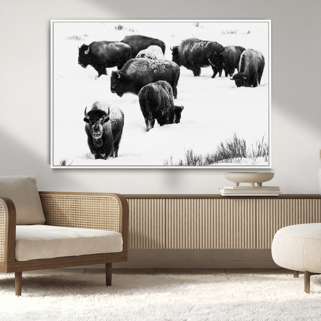 Buffalo Herd Wall Art Canvas Print, Framed Black and White Snowy Landscape