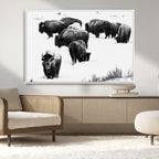 Buffalo Herd Wall Art Canvas Print, Framed Black and White Snowy Landscape