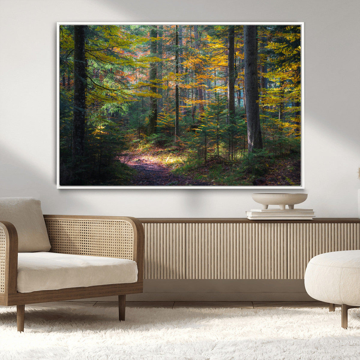 Autumn Forest Wall Art Canvas Print, Framed Fall Woodland with Golden Leaves