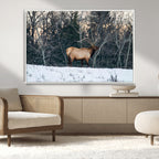 Wild Elk Wall Art Canvas Print, Framed Winter Wildlife in a Snowy Forest