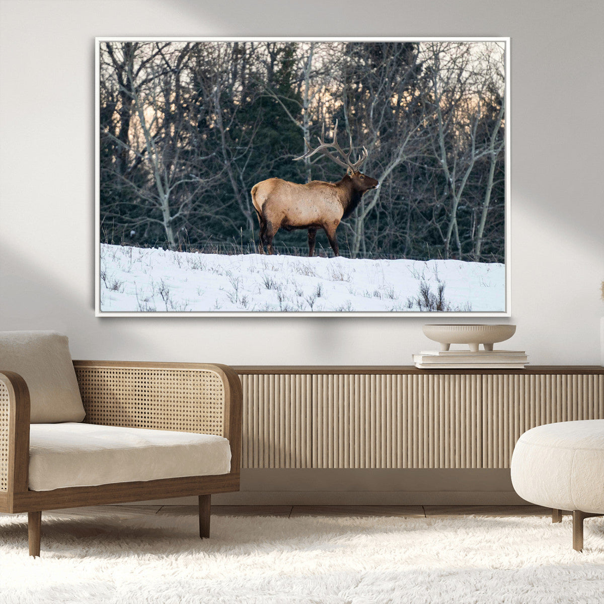 Wild Elk Wall Art Canvas Print, Framed Winter Wildlife in a Snowy Forest