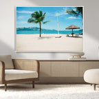 Tropical Beach Wall Art Canvas Print, Framed Palm Tree Ocean View with Calm Waves