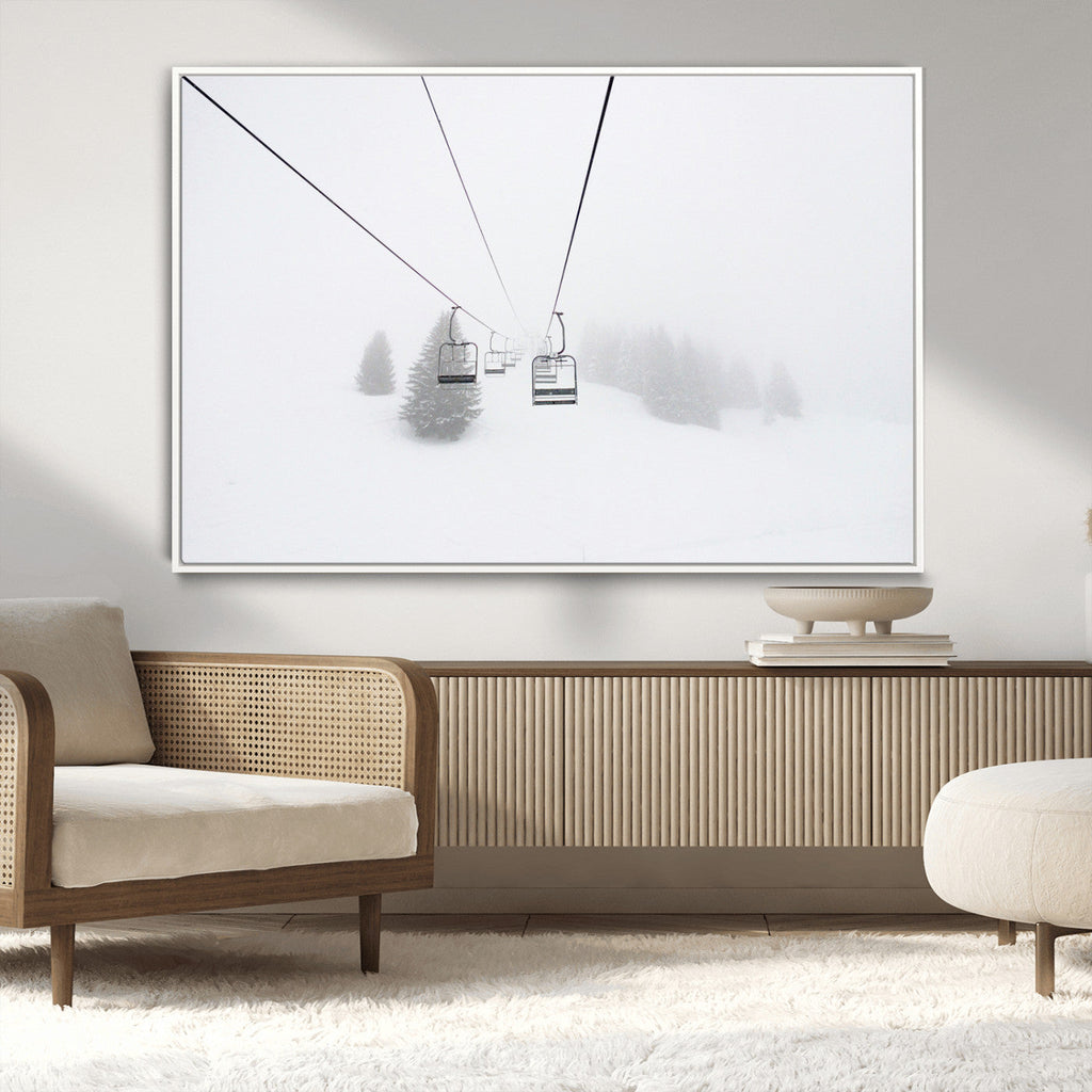 Ski Lift Wall Art Canvas Print, Framed Snowy Landscape Art, Alpine Adventure Nordic Minimalist Decor
