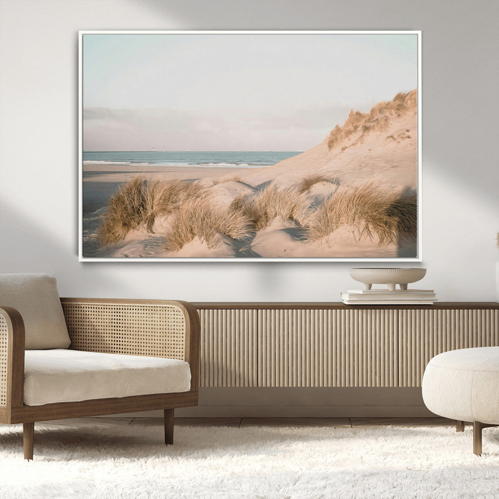 Beach Landscape Wall Art Canvas Print, Framed Sand Dune Photography, Minimalist Seascape Coastal Decor