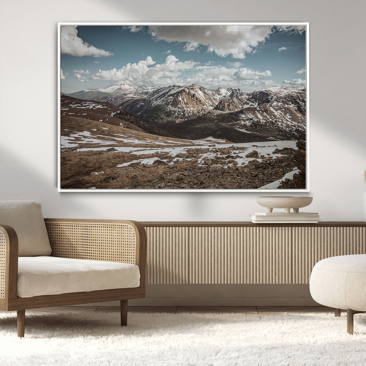 Mountain Landscape Wall Art Canvas Print, Framed Snowy Peaks Art, Rugged Highlands Rustic Adventure Decor