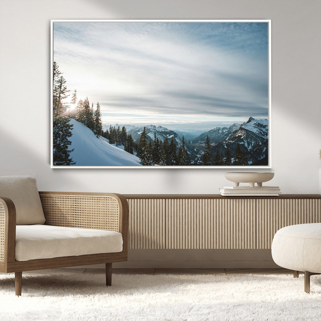 Snowy Mountains Wall Art Canvas Print, Framed Alpine Landscape Frosty Peaks Artwork