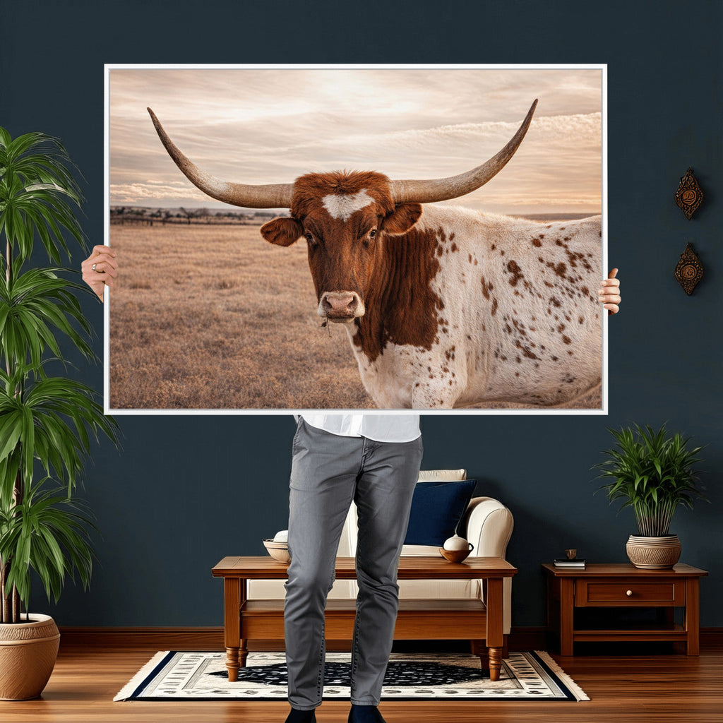 Texas Longhorn Cow Canvas Wall Art, Majestic Bull on a Rustic Western Farm