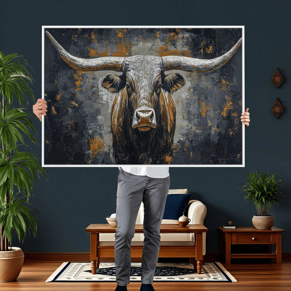 Rustic Bull Wall Art Canvas Print, Longhorn Wall Decor
