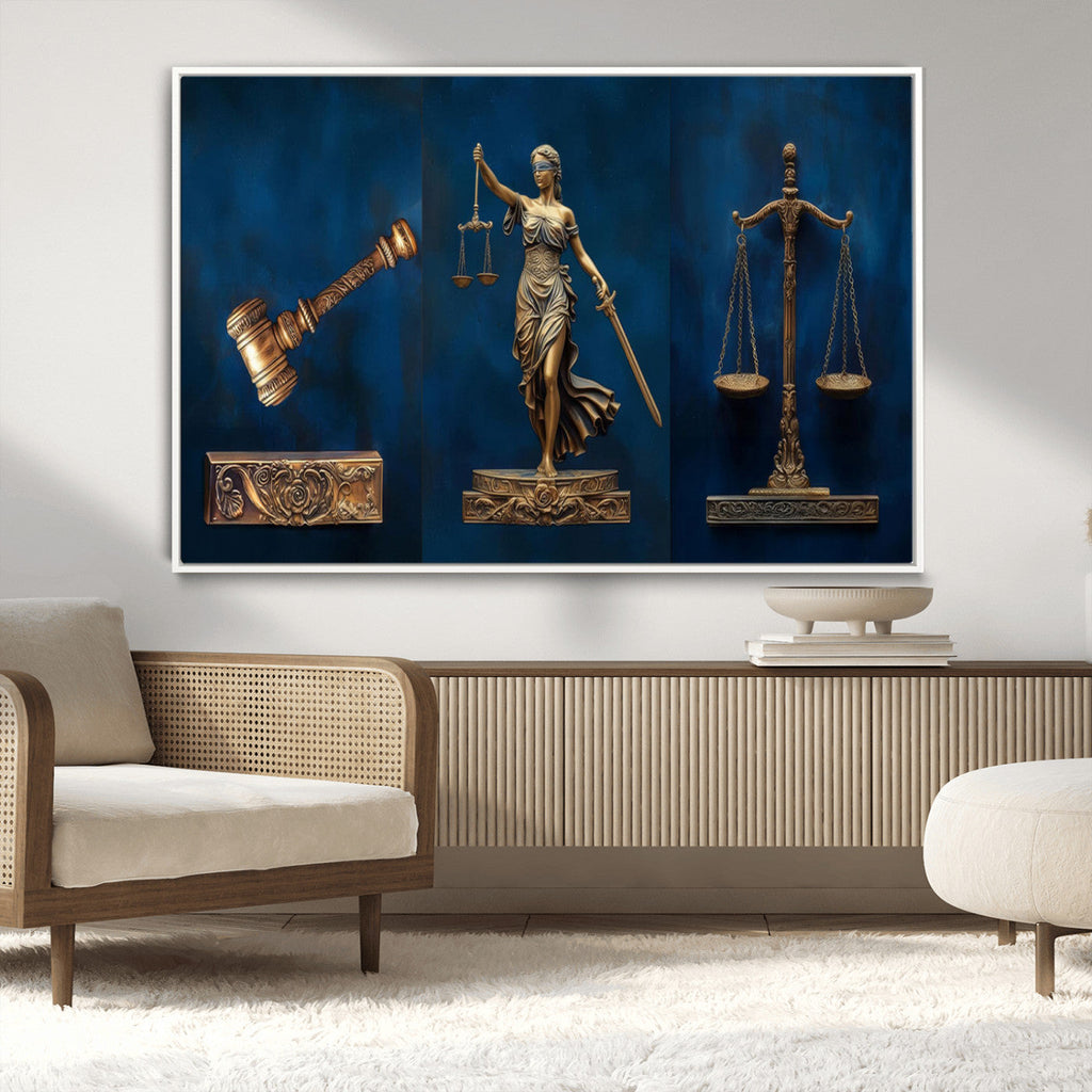 Lady Justice Wall Art Canvas Print, Elegant Gold Legal Symbols on Blue, Law Office Decor