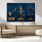 Lady Justice Wall Art Canvas Print, Elegant Gold Legal Symbols on Blue, Law Office Decor