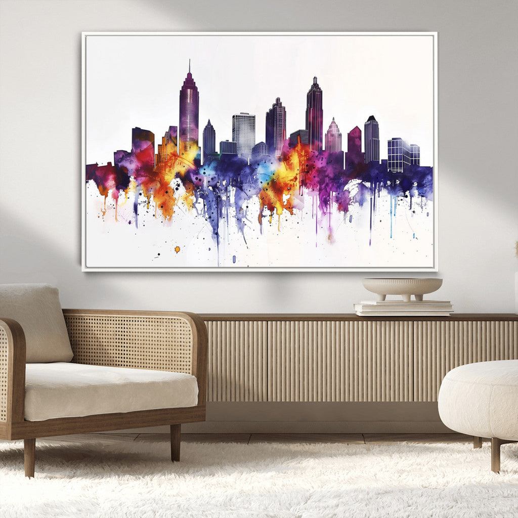 Atlanta Skyline Wall Art Canvas Print, Framed Colorful Watercolor Cityscape