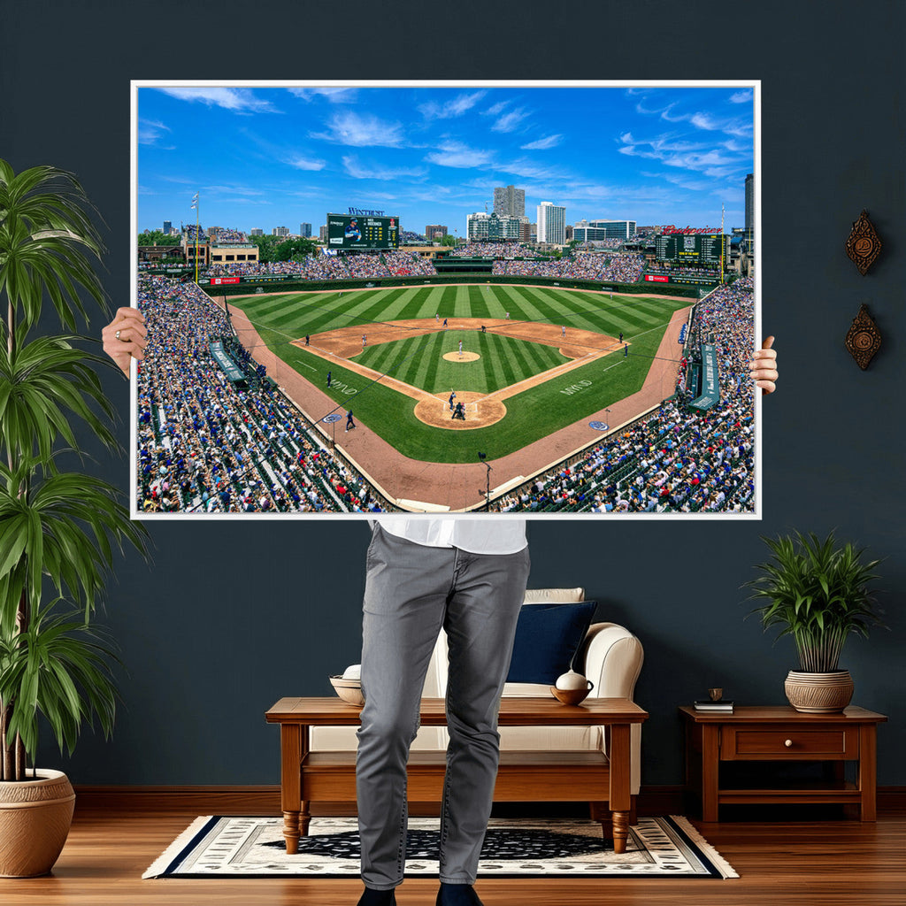 Wrigley Field Baseball Stadium Canvas Wall Art, Packed Crowd and Chicago Skyline