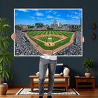 Wrigley Field Baseball Stadium Canvas Wall Art, Packed Crowd and Chicago Skyline