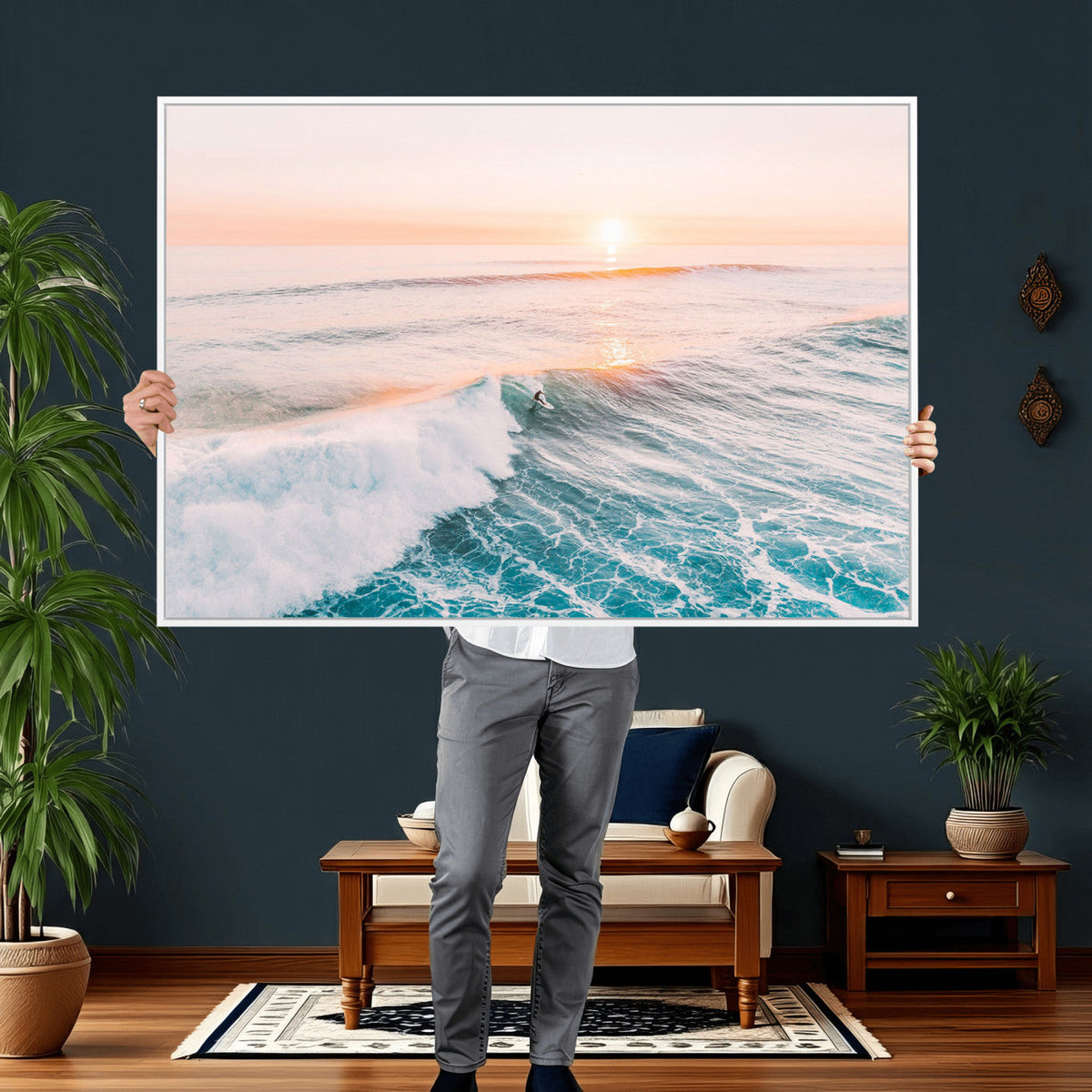 Sunset Surfing Wall Art Canvas Print, Ocean Wave Surfer with Golden Sky