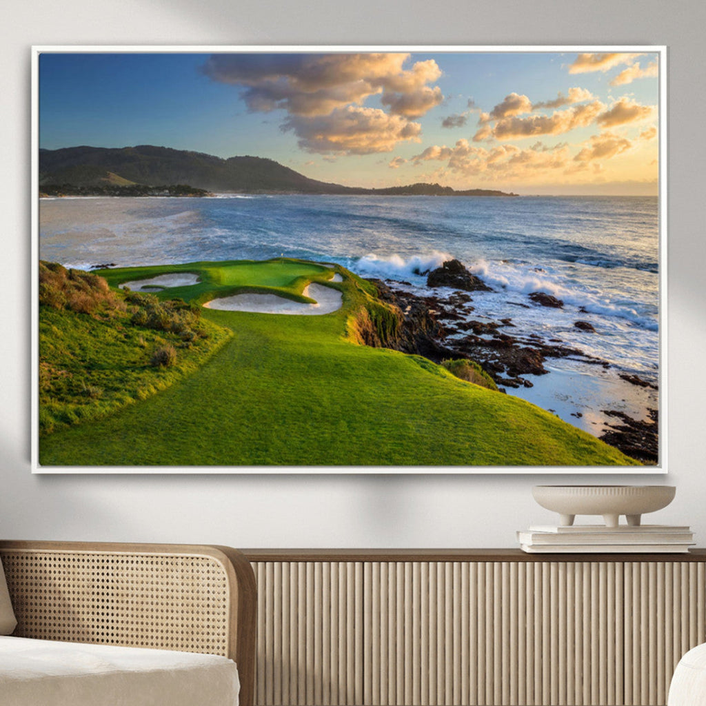 Coastal Golf Course Wall Art Canvas Print, Sunset with Rolling Green Fairways and Ocean Waves