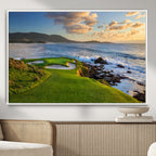 Coastal Golf Course Wall Art Canvas Print, Sunset with Rolling Green Fairways and Ocean Waves