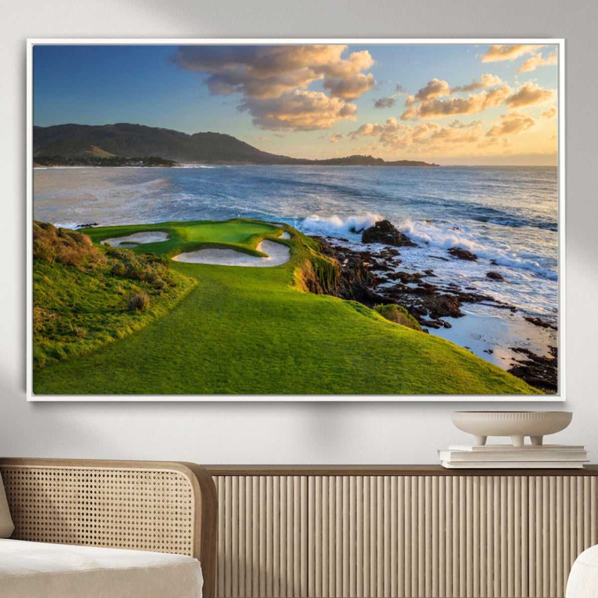 Coastal Golf Course Wall Art Canvas Print, Sunset with Rolling Green Fairways and Ocean Waves