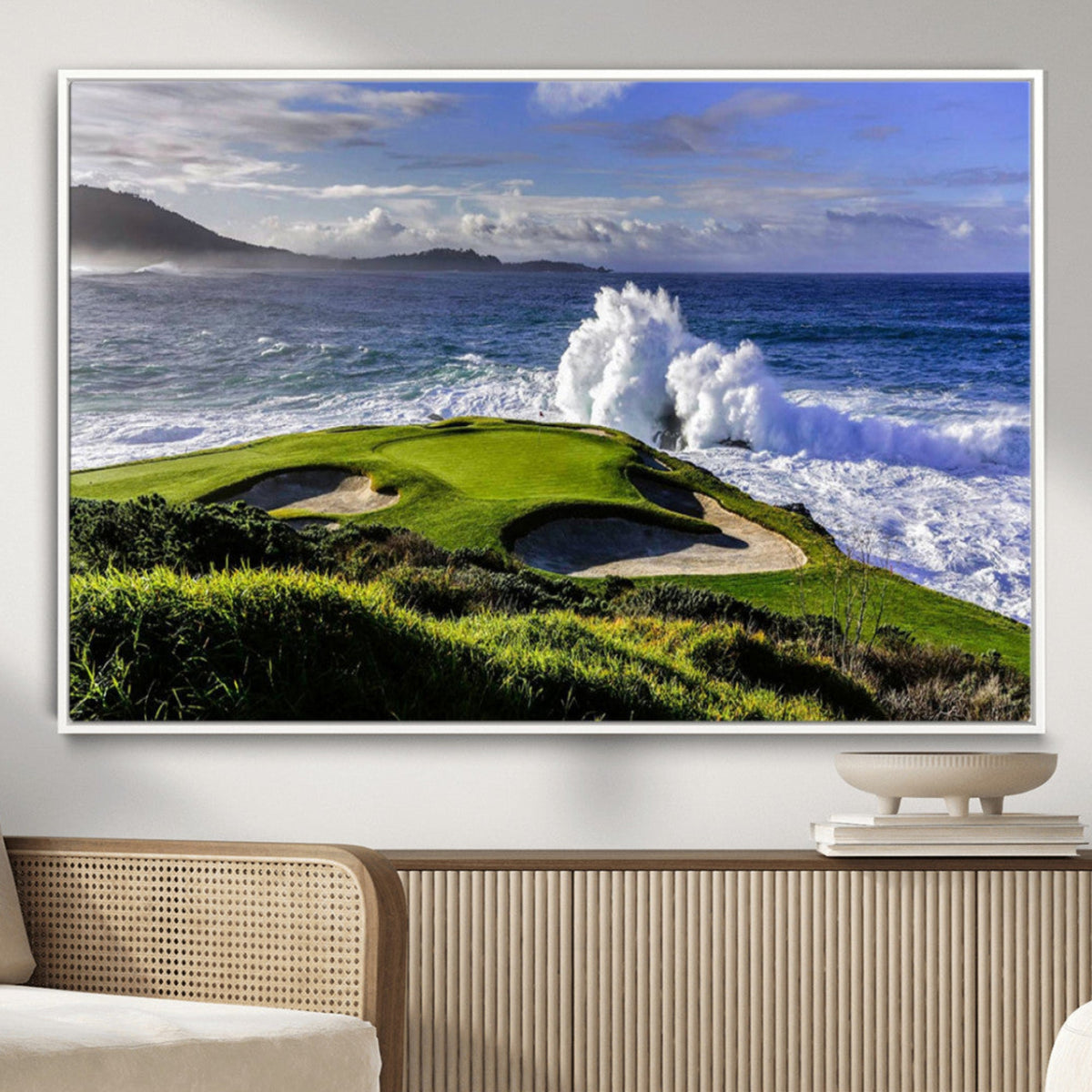 Ocean Waves Crashing Wall Art Canvas Print, Dramatic Rocky Coastline Near a Golf Course