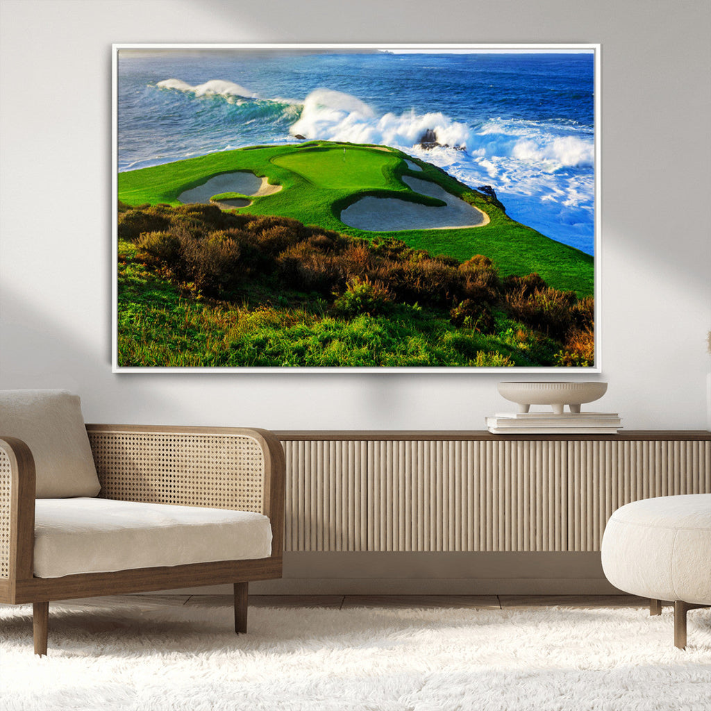 Coastal Golf Course Wall Art Canvas Print, Vibrant Green with Sand Bunkers and Ocean Waves