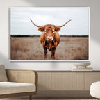 Longhorn Bull Wall Art Canvas Print, Framed Rustic Decor