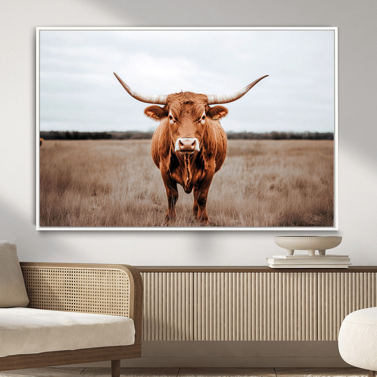 Longhorn Bull Wall Art Canvas Print, Framed Rustic Decor