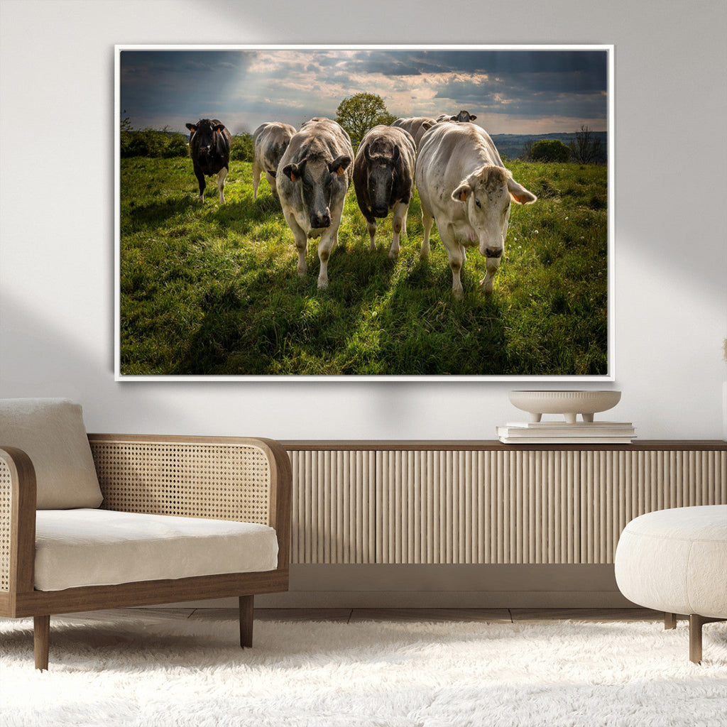 Grazing Cattle Herd Wall Art Canvas Print, Framed Green Pasture Farm Scene