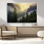 Misty Forest Sunrise Wall Art Canvas Print, Framed Mountain Valley Pine Trees