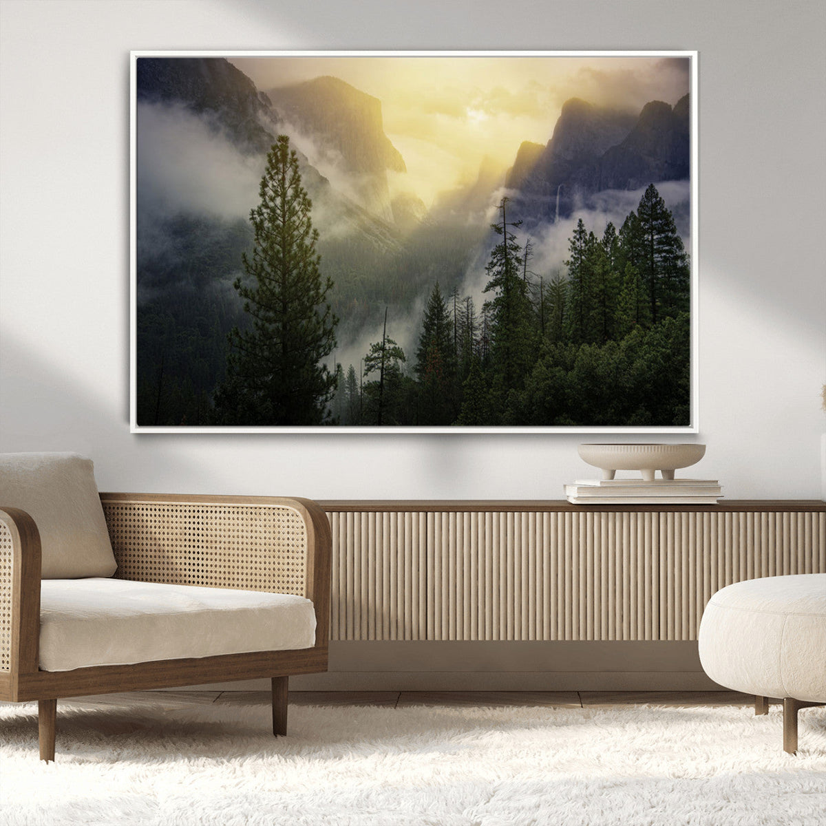 Misty Forest Sunrise Wall Art Canvas Print, Framed Mountain Valley Pine Trees