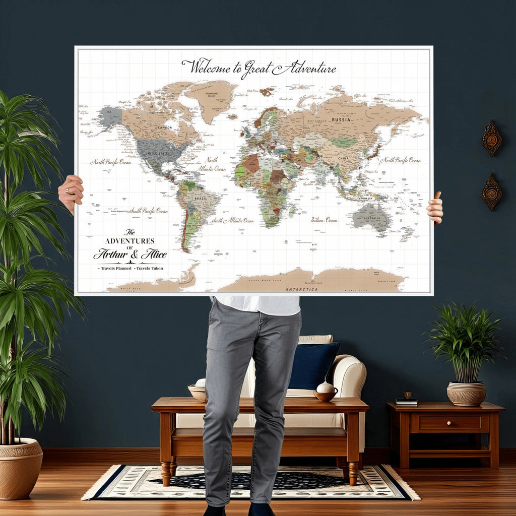 Custom Beige Push Pin World Map Wall Art, Bucket List Map, Study and Hallway Decor