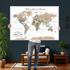 Custom Beige Push Pin World Map Wall Art, Bucket List Map, Study and Hallway Decor