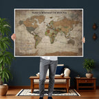 Personalized Beige Geometric World Map Canvas with Push Pins, Next Trip Planner Map, Study and Entryway Decor