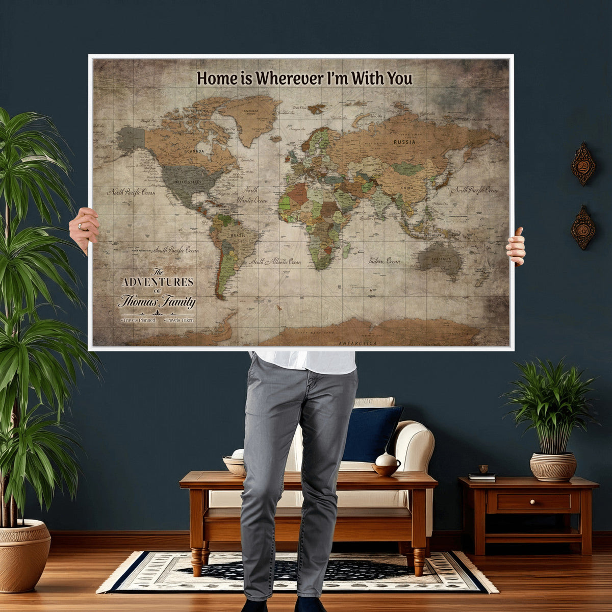 Personalized Beige Geometric World Map Canvas with Push Pins, Next Trip Planner Map, Study and Entryway Decor