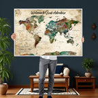 Personalized Beige Grunge World Map Canvas with Push Pins, Next Trip Planner Map, Family Room and Home Office Decor