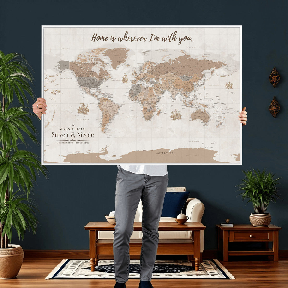 Personalized Beige Geometric Push Pin World Map Canvas Print, Countries Visited Map, Study and Home Office Decor