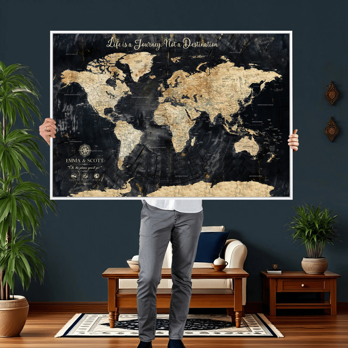 Personalized Framed Beige Push Pin World Map Wall Art, Bucket List Map, Living Room and Dining Room Decor