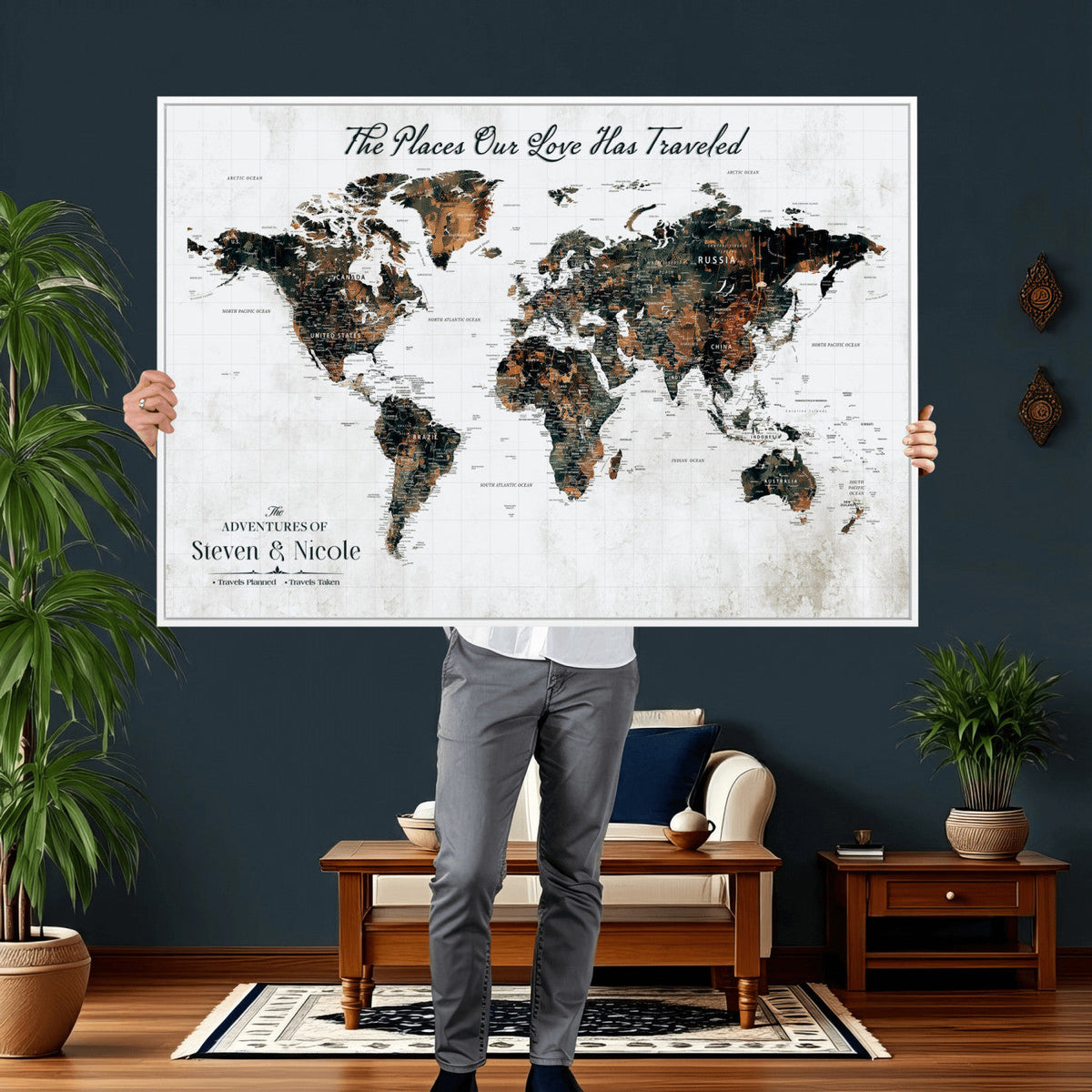 Custom Navy Geometric Push Pin World Map Canvas Print, Bucket List Map, Living Room and Home Office Decor