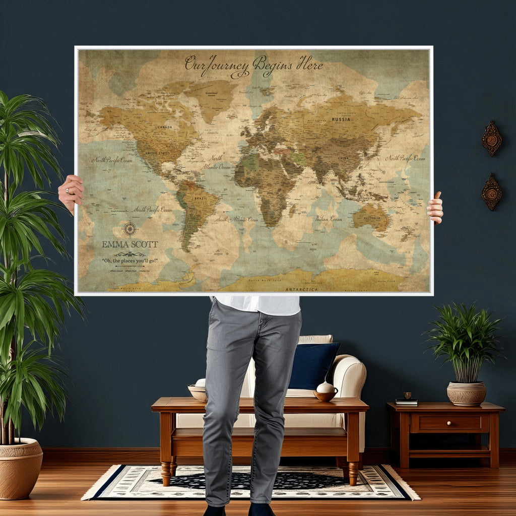 Personalized Navy Push Pin Travel Map Canvas Print, Couples Countries Visited Map, Living Room and Dining Room Decor