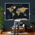 Personalized Navy Geometric World Map Canvas with Push Pins, Honeymoon and Anniversary Gift, Home Office and Hallway Decor