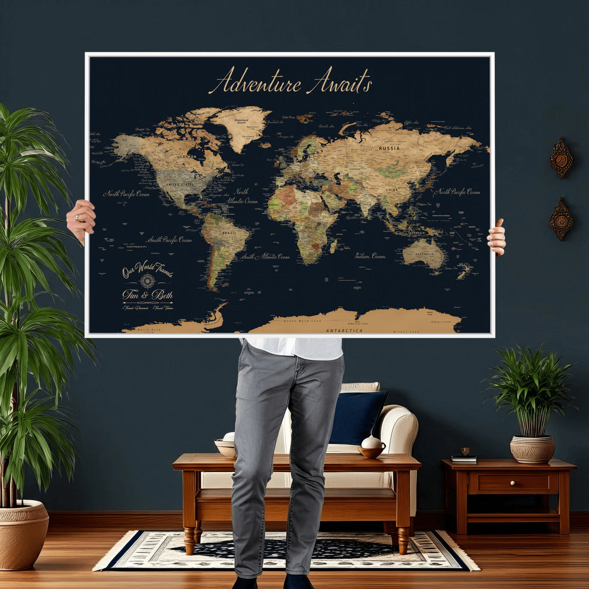 Personalized Navy Geometric World Map Canvas with Push Pins, Honeymoon and Anniversary Gift, Home Office and Hallway Decor
