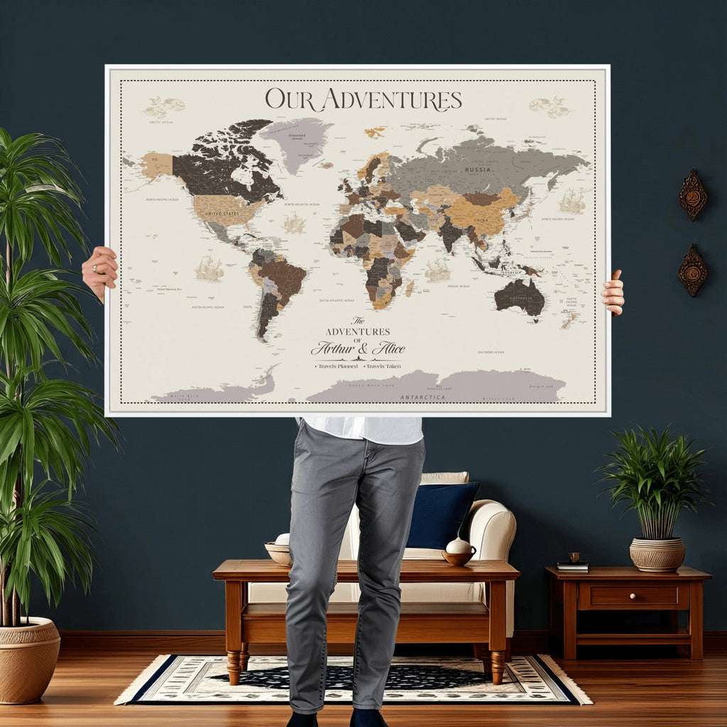 Personalized Travel Tracker Map with Pins, Framed World Map for Home and Office