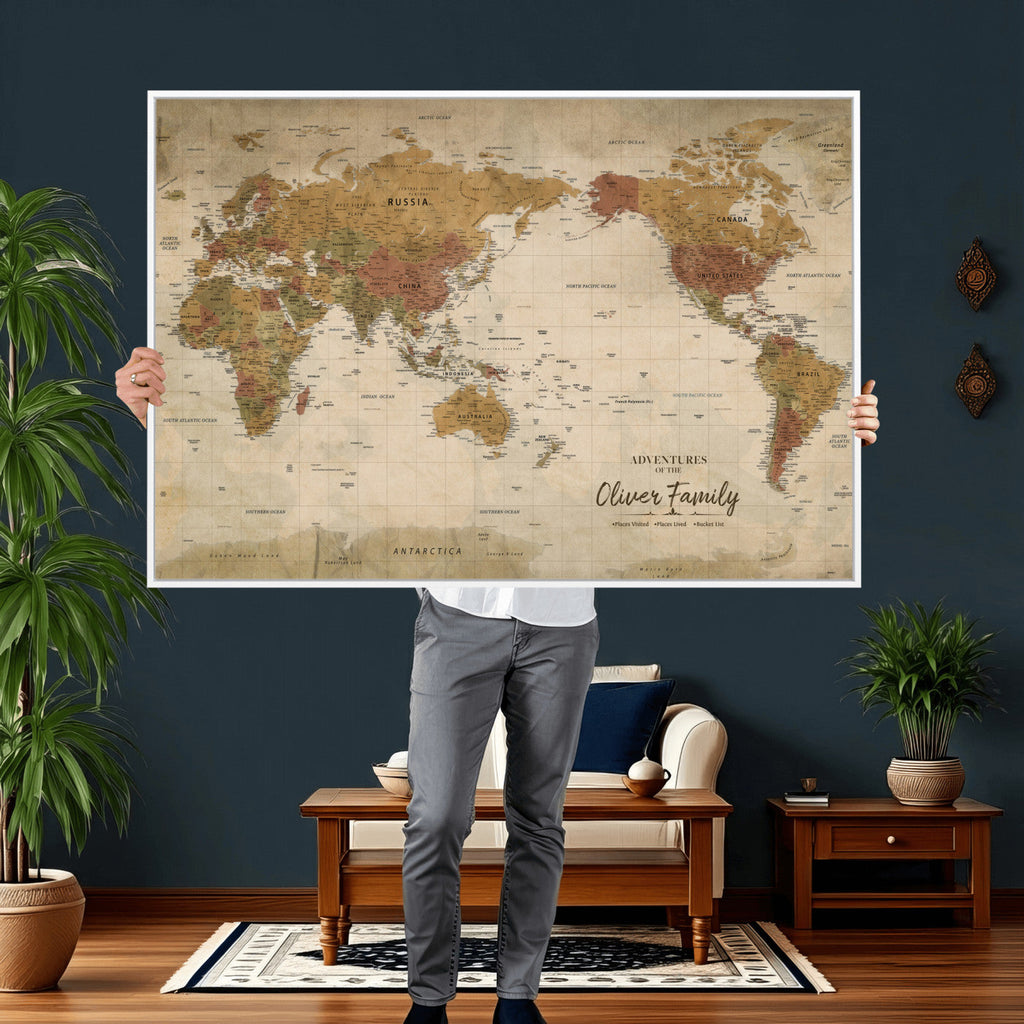 Personalized Framed Navy Modern World Map Canvas with Push Pins, Bucket List Map, Living Room and Entryway Decor