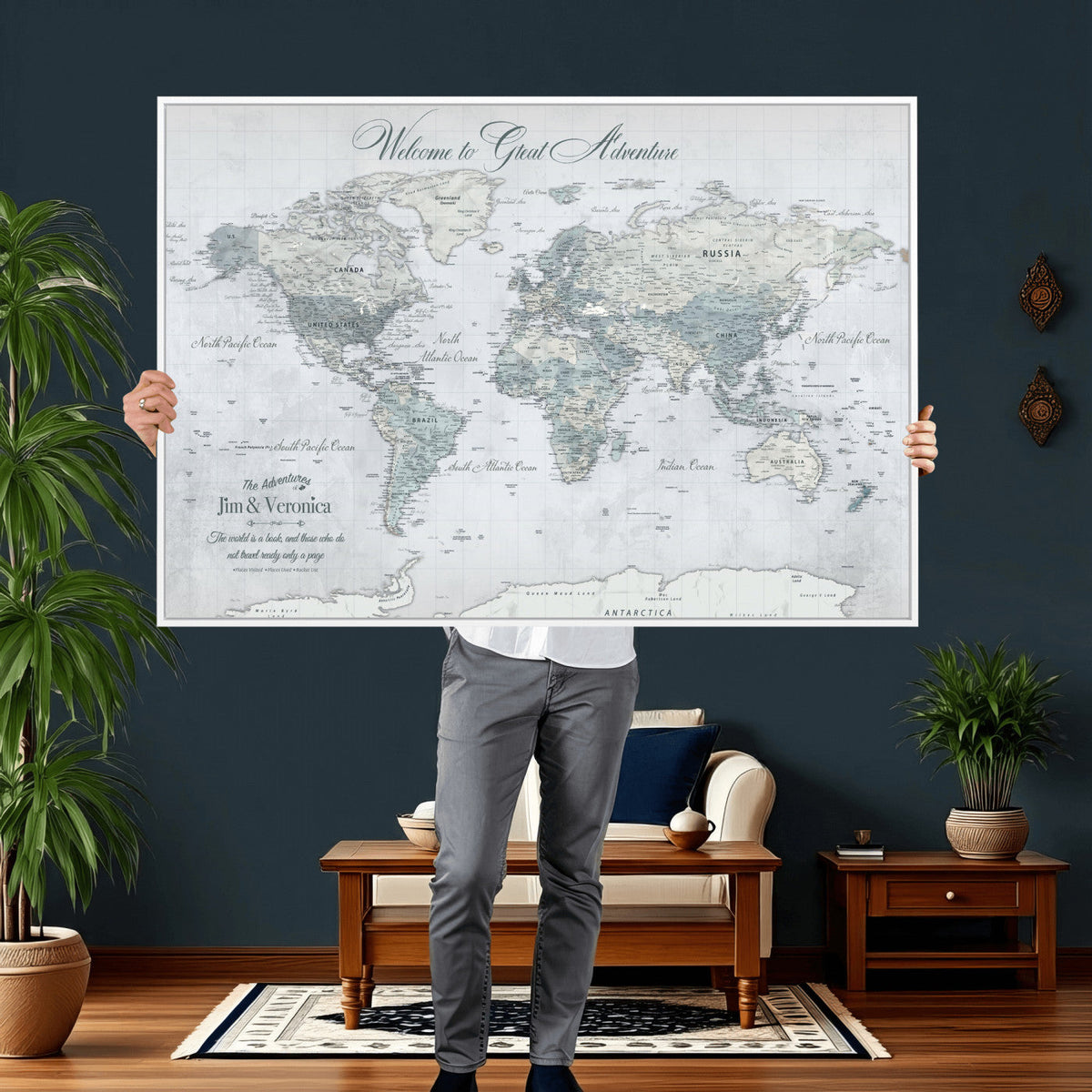 Personalized Beige Antique Push Pin World Map Canvas Print, Family Travel Tracker, Family Room and Entryway Decor