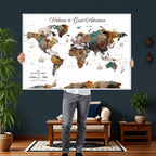 Custom Framed Beige Modern Push Pin World Map Wall Art, Couples Countries Visited Map, Study and Entryway Decor